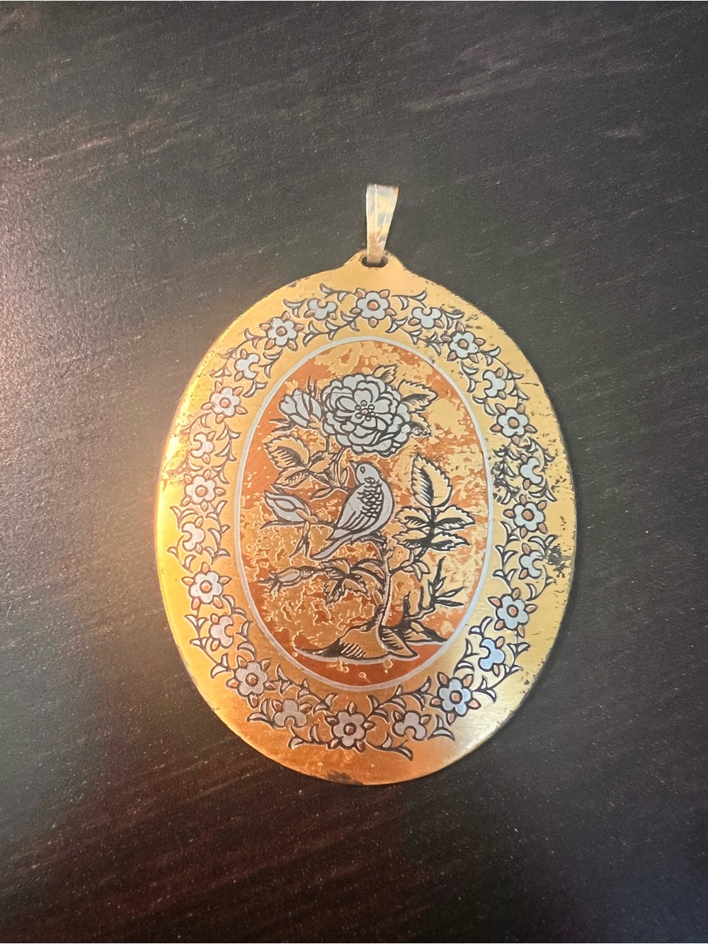 Reed & Barton Silver-Tone Oval Damascene Pendant with Gold Bail